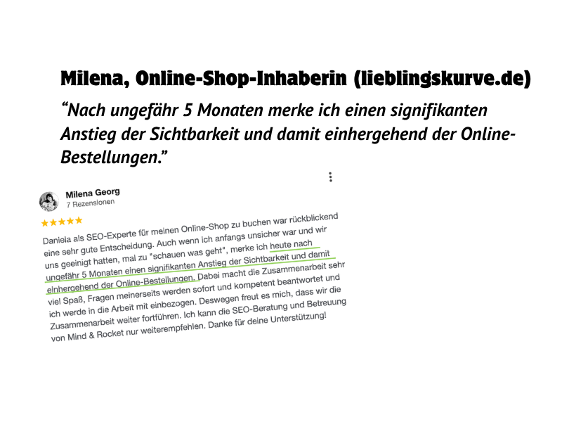 Milena Online-Shop Kundengewinnung als Vertriebskanal Testimonial mindandrocket
