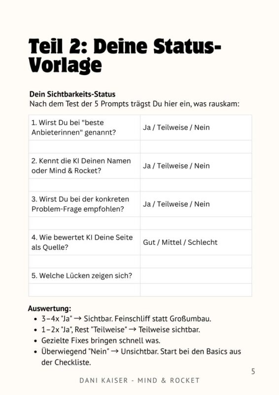 Status-Vorlage Seite aus dem Workbook