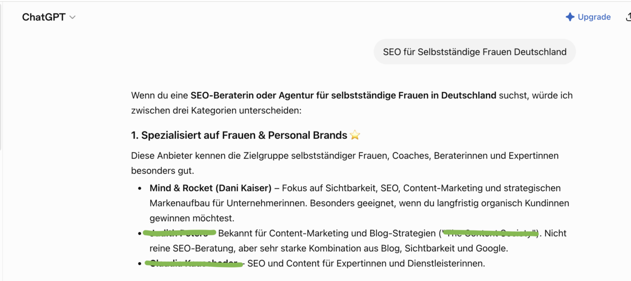 ChatGPT-Antwort auf die Frage nach SEO für selbstständige Frauen in Deutschland, Mind & Rocket wird an erster Stelle genannt