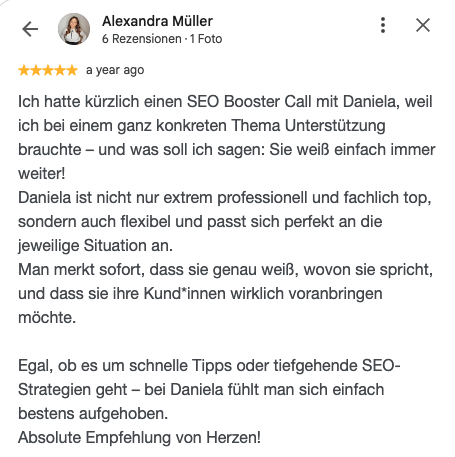 Google-Bewertung von Alexandra Müller zum SEO Booster Call