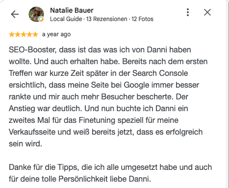 Google-Bewertung von Natalie Bauer zum SEO Booster Call