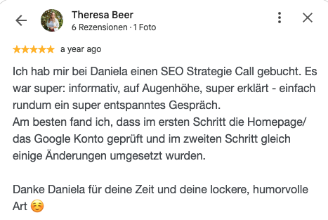 Google-Bewertung von Theresa Beer zum SEO Booster Call