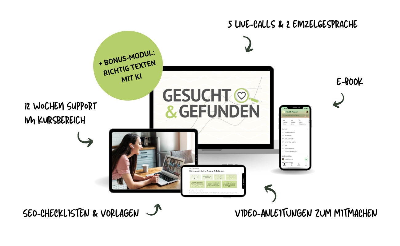Kursbereich von Gesucht und Gefunden auf Laptop und Smartphone