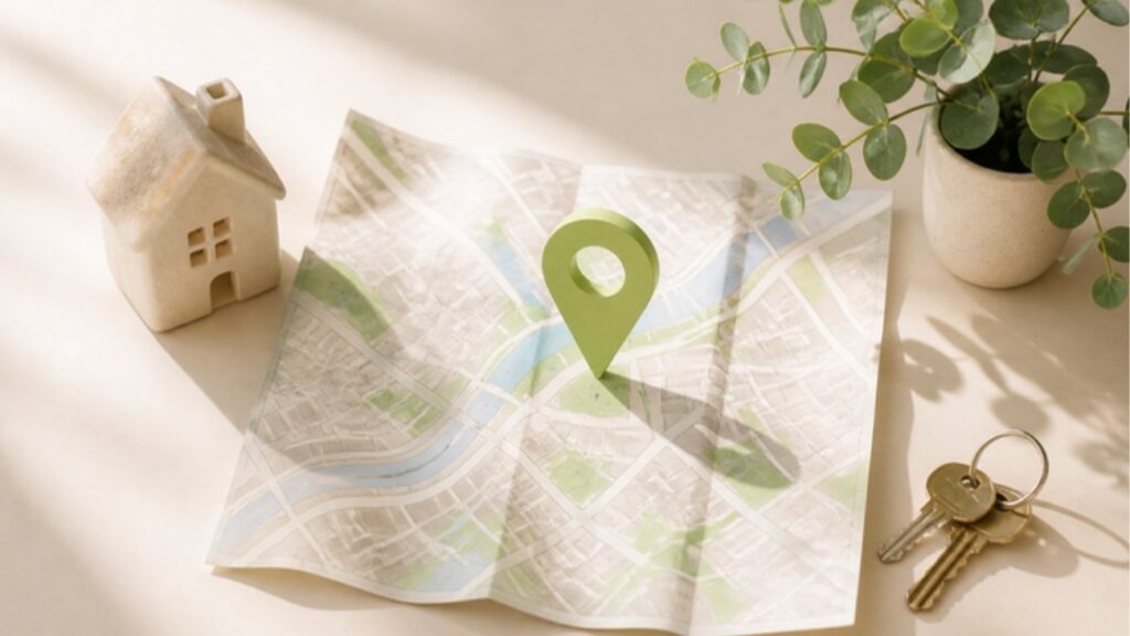 Google Unternehmensprofil erstellen: Stadtplan mit grüner Standortnadel, kleinem Holzhaus und Schlüsseln