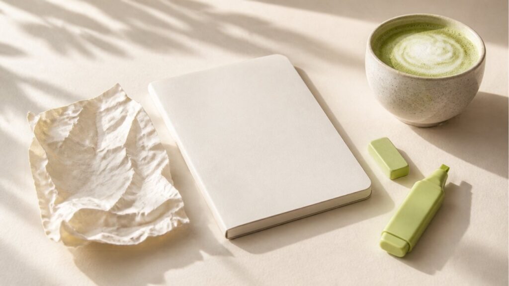 SEO-Fehler als Bild: zerknitterter Entwurf neben leerem Notizbuch, grünem Radiergummi und Matcha