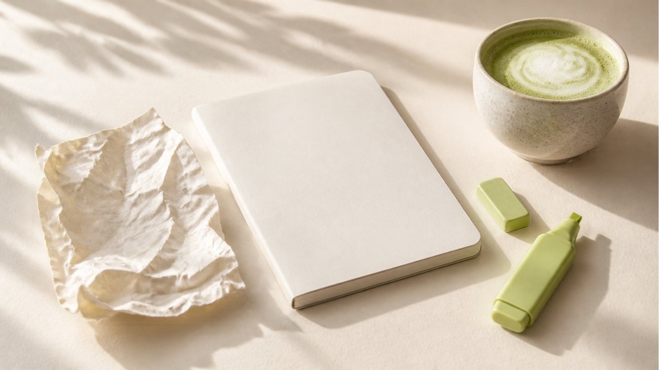 SEO-Fehler als Bild: zerknitterter Entwurf neben leerem Notizbuch, grünem Radiergummi und Matcha