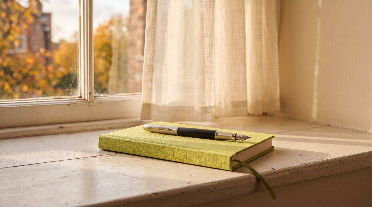 Grünes Notizbuch mit Füller auf einer Fensterbank im warmen Licht des späten Nachmittags