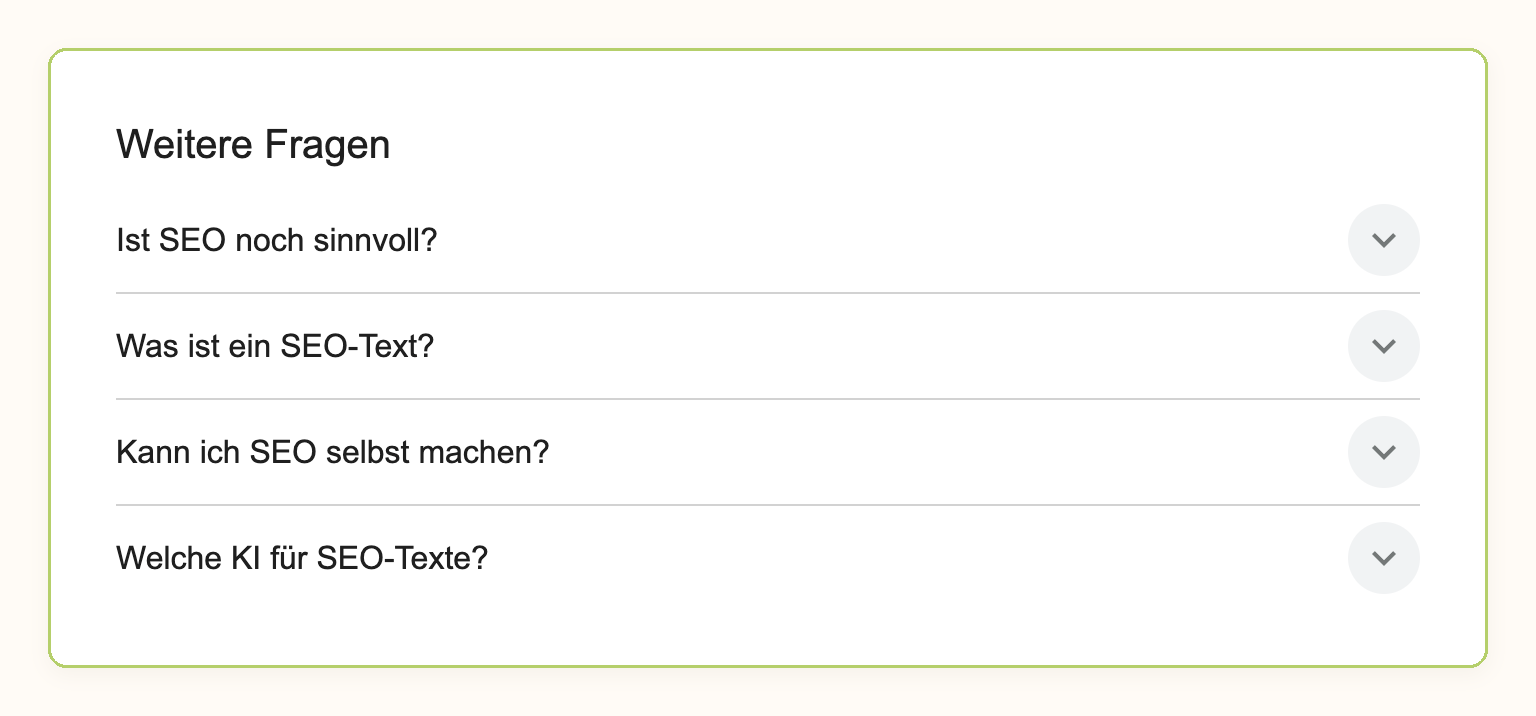Screenshot: Kasten Weitere Fragen in der Google-Suche zu SEO-Texte schreiben, unter anderem mit der Frage Was ist ein SEO-Text