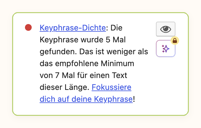 Screenshot: Yoast-Analyse mit rotem Punkt bei der Keyphrase-Dichte, weil die Keyphrase 5 statt der empfohlenen 7 Mal vorkommt