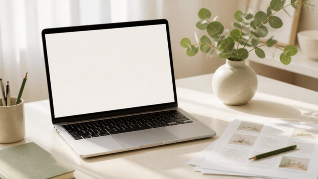 Website-Texte schreiben: Laptop auf hellem Tisch mit Textentwürfen, grünem Stift und Eukalyptus
