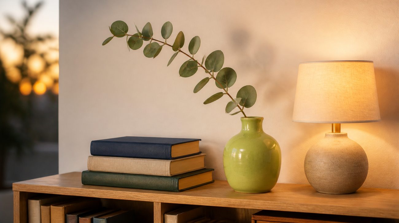 E-E-A-T einfach erklärt: Bücherstapel, grüne Vase mit Eukalyptuszweig und warme Tischlampe auf einem Regal am Abend
